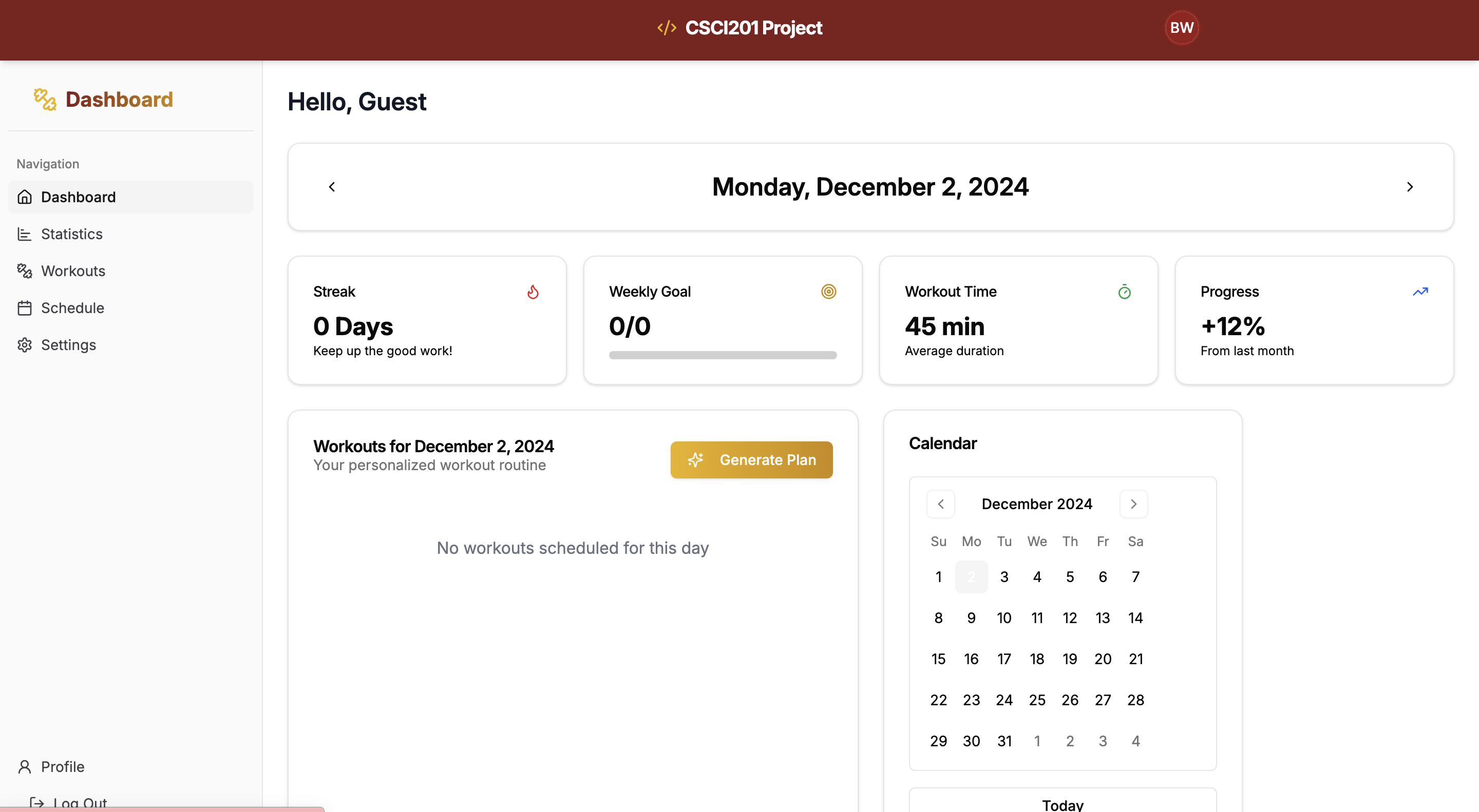 Screenshot of the Fitness Tracker Calendar App interface