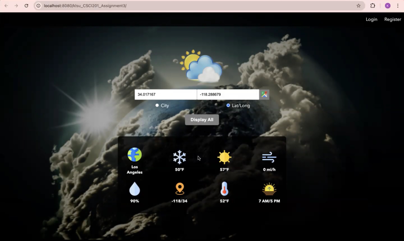 Screenshot of the Weather App interface showing current conditions
